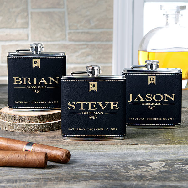 groomsman box with personalized flasks