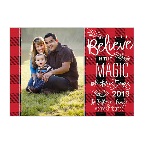 Personalized plaid decor with a family Christmas card.