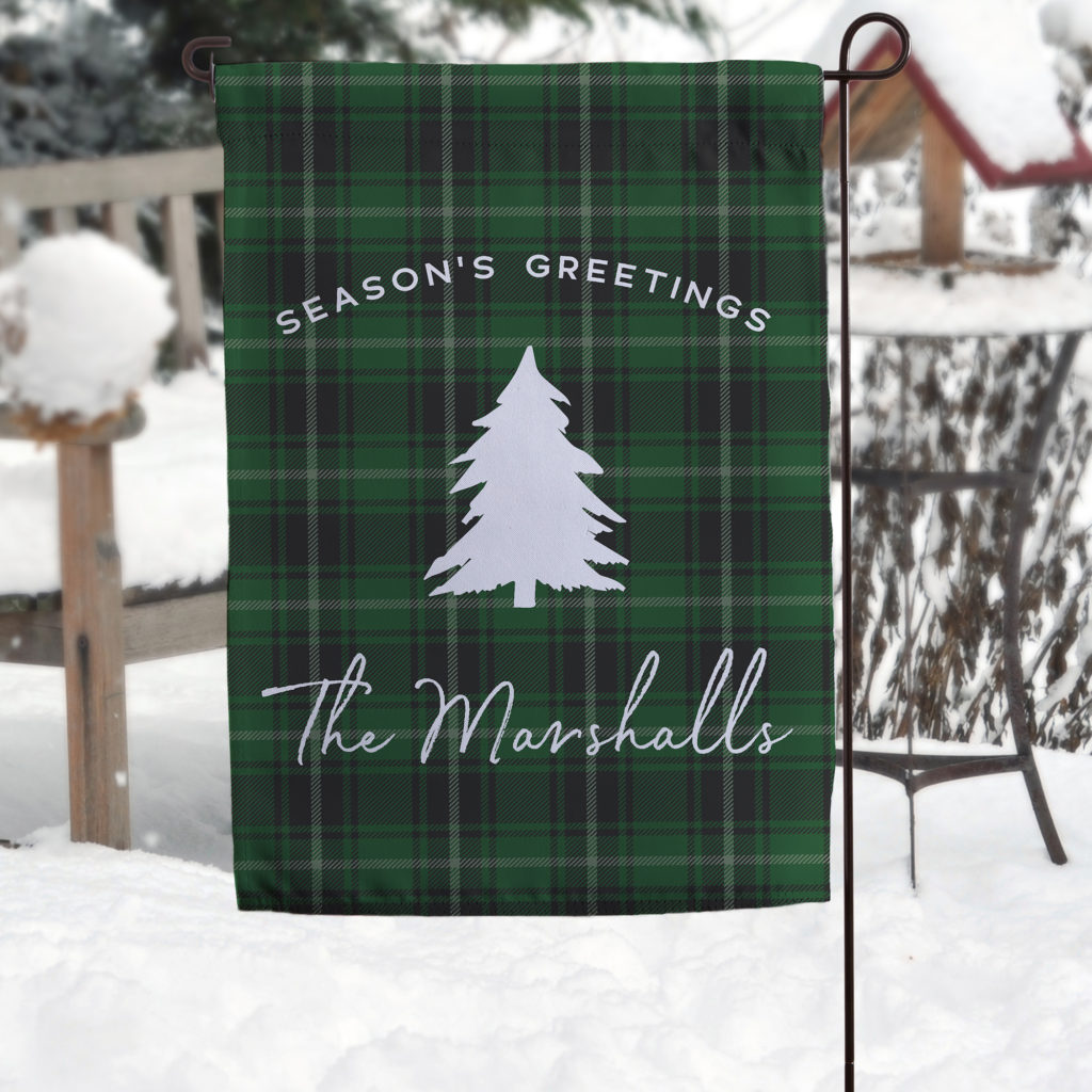 Personalized plaid decor with an outdoor holiday flag.