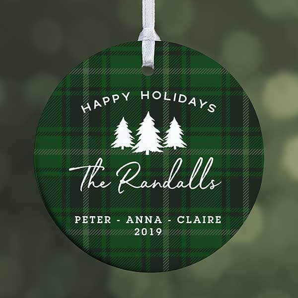 Personalized plaid decor with a personalized tree ornament.