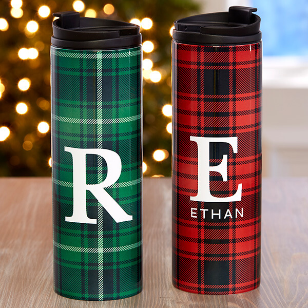 Personalized plaid decor with two to go mugs.