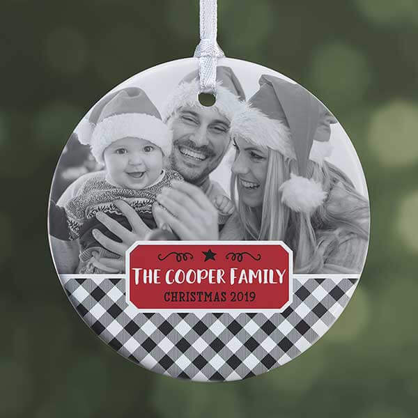 Personalized plaid decor with a personalized tree ornament.