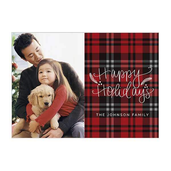 Personalized plaid decor with a family Christmas card.