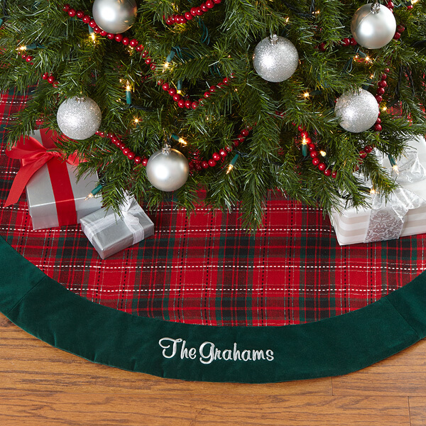 Personalized plaid decor with a personalized tree skirt.