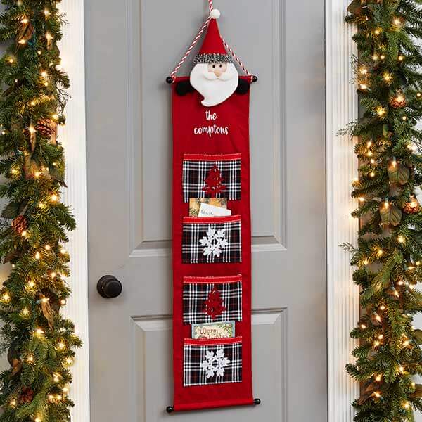 Personalized plaid decor with a Christmas plaid door hanging.