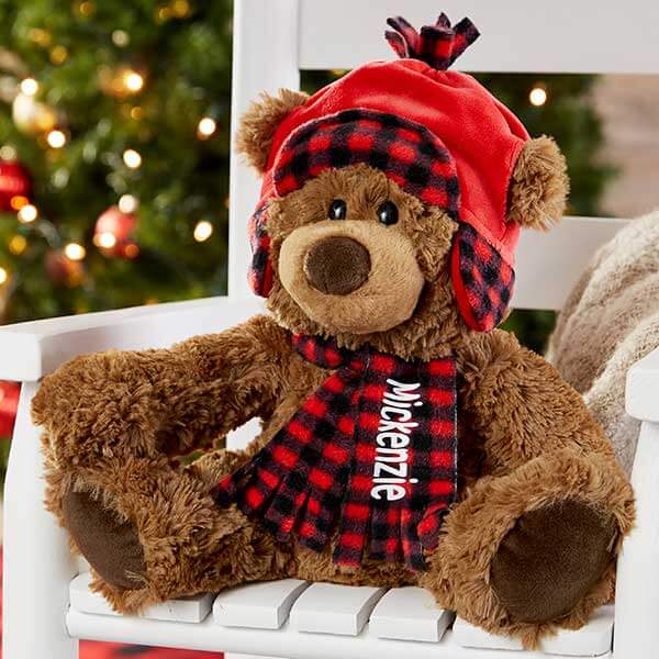 Personalized plaid decor with a teddy bear wearing plaid winter gear.