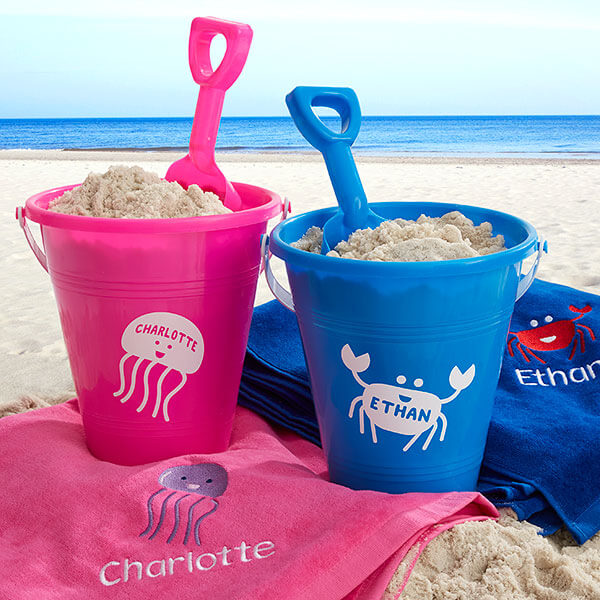 beach packing checklist with Sea Creatures Personalized Plastic Beach Pail & Shovel