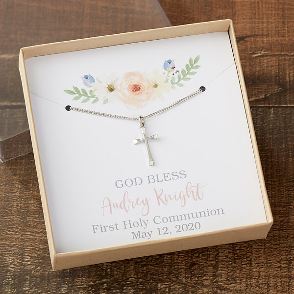 first communion party ideas with personalized cross necklace