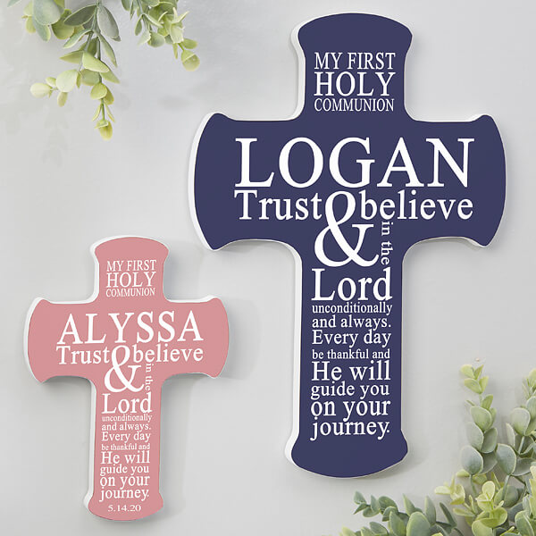 first communion party ideas with personalized cross wall hang