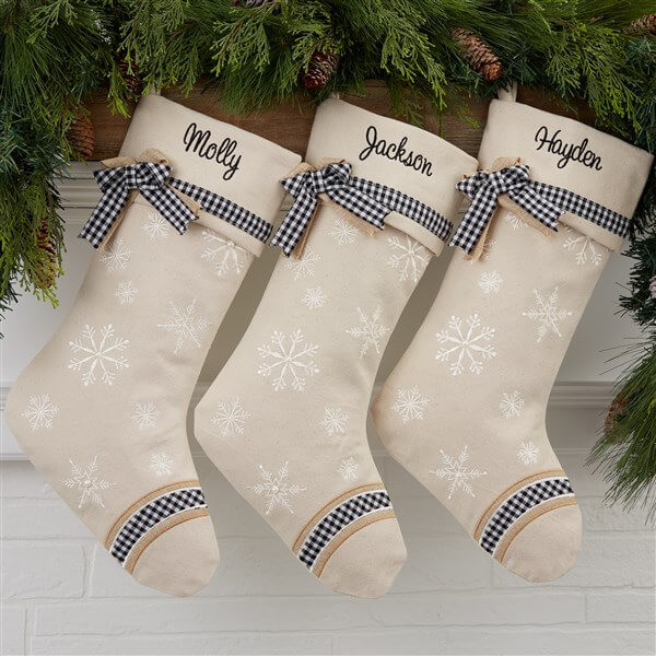 christmas stocking ideas with gingham Ribbon Farmhouse Christmas Stockings