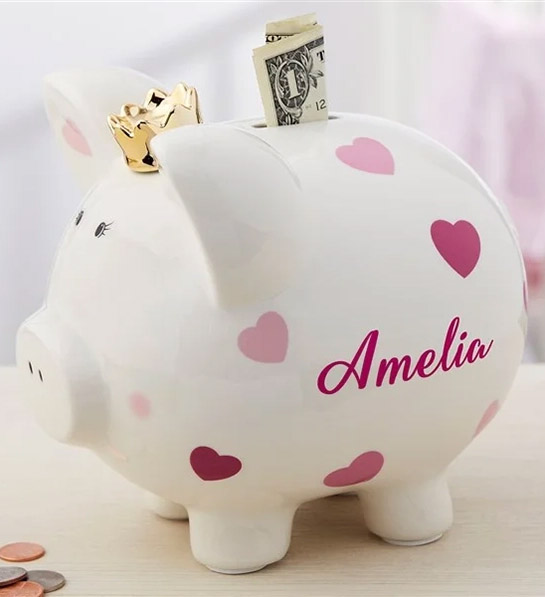baby registry must haves Pink Heart Personalized Piggy Bank