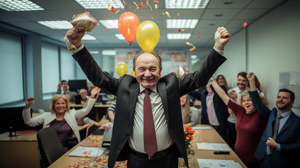 An old man celebrates the last day of work in office before the