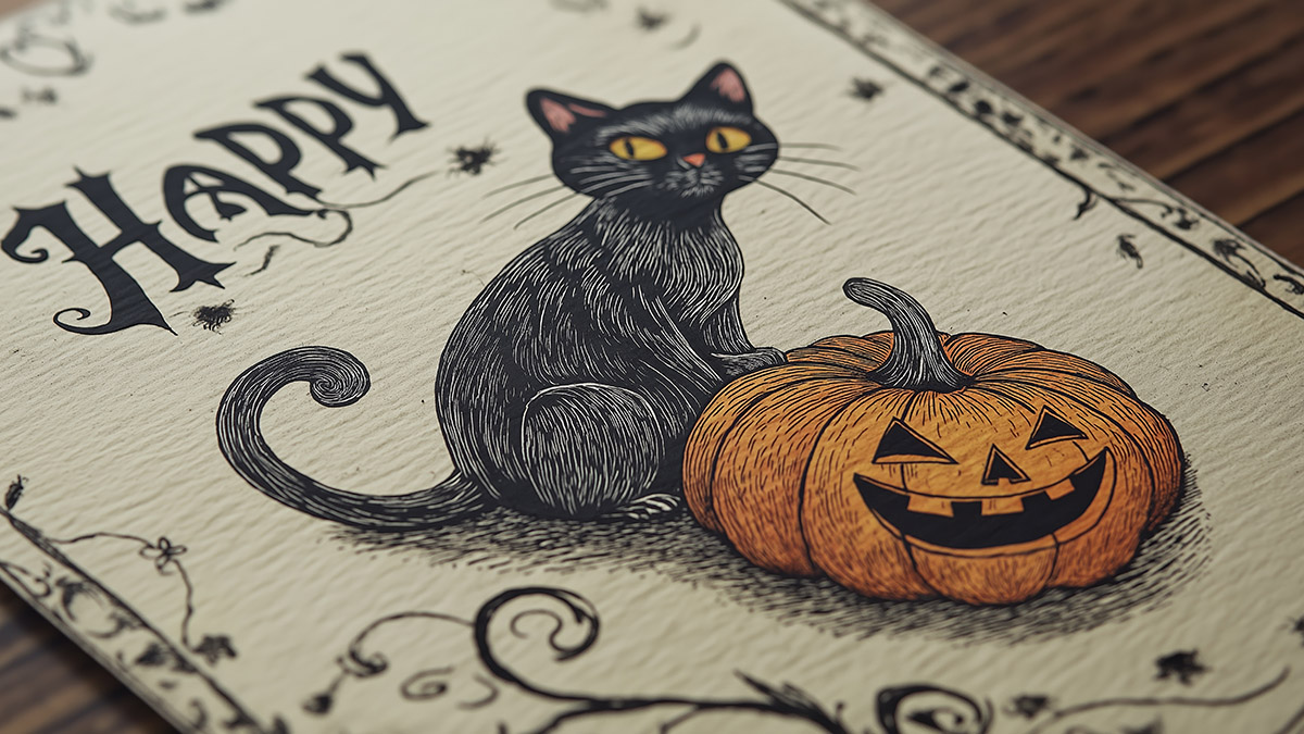 Vintage greeting card featuring a black cat sitting on a pumpkin, with the words happy written above, evoking a spooky and festive halloween atmosphere