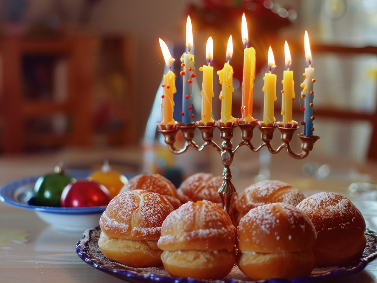 Hanukkah celebration with traditional donuts and menorah candles, vibrant colors, warm ambiance creating a festive atmosphere for holiday gatherings and family moments